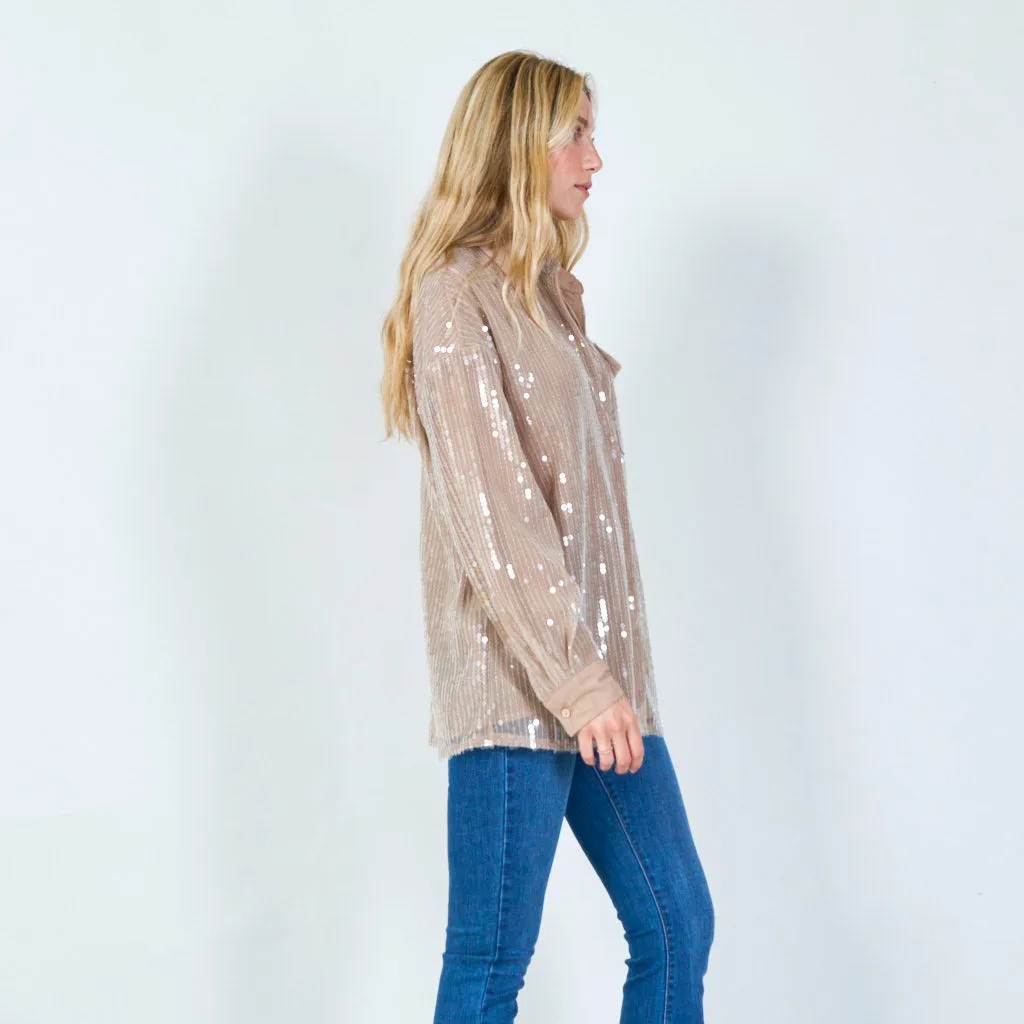 Elegant oversized shirt with solid pailettes details wholesale