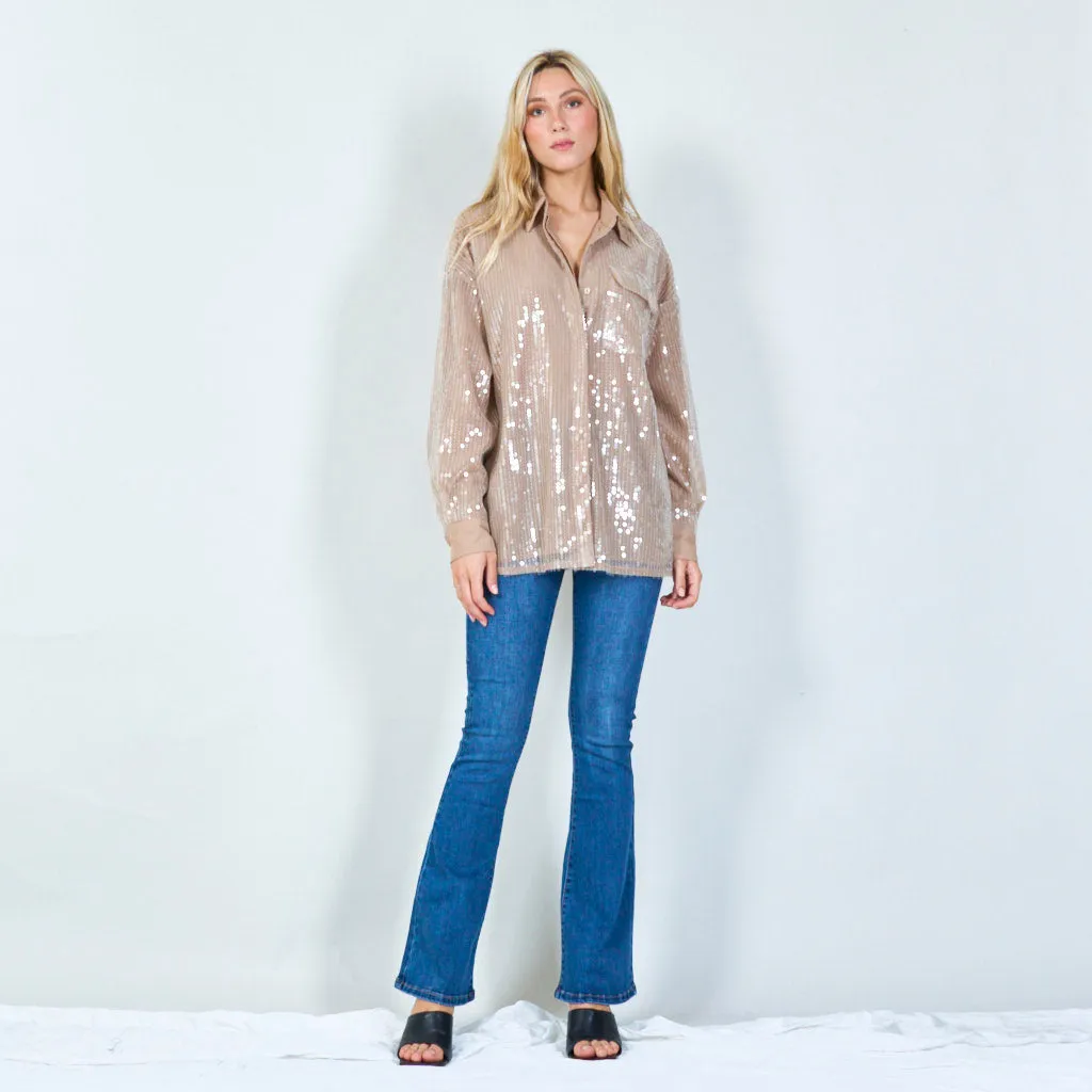 Elegant oversized shirt with solid pailettes details wholesale