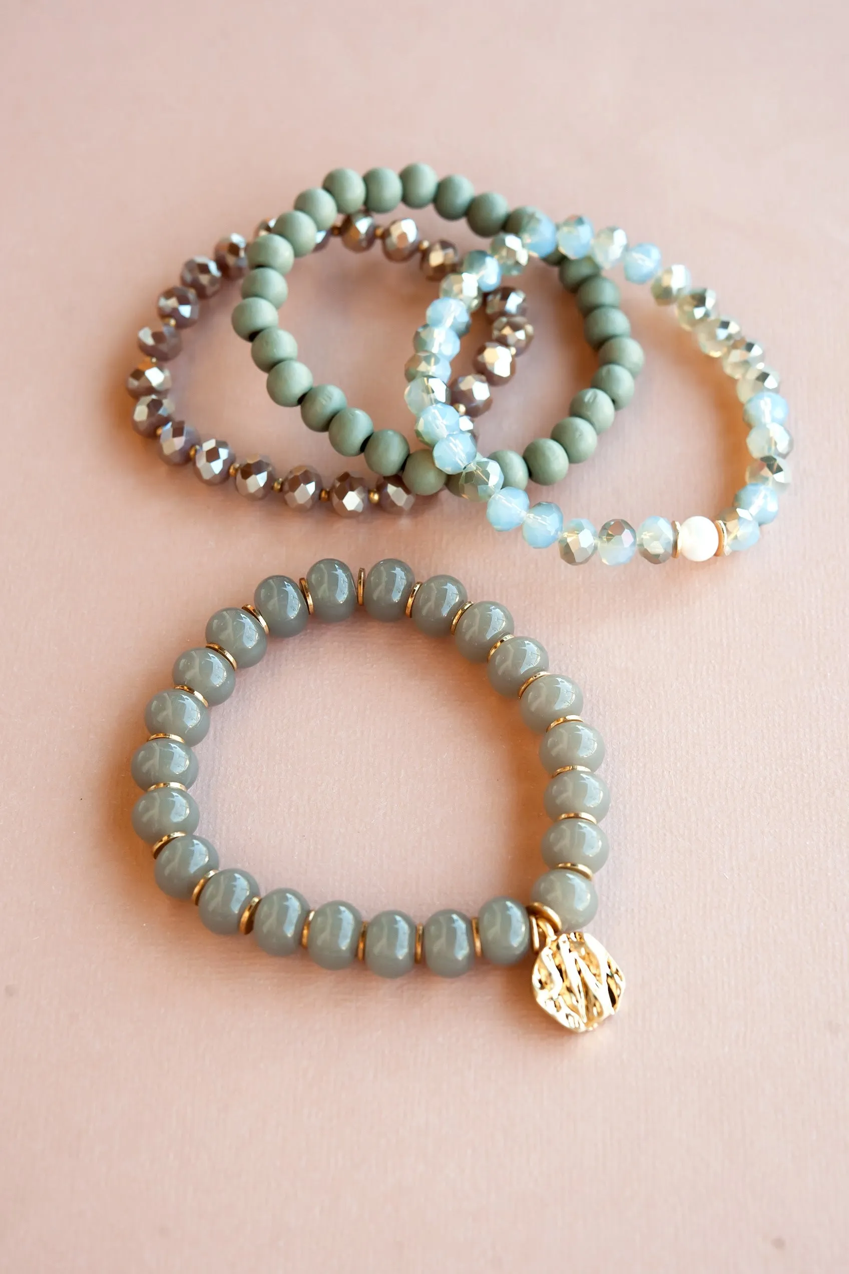 Emma Shades of Gray Bracelet Set | Crystal and Wood Bracelet Stack with Gold Details