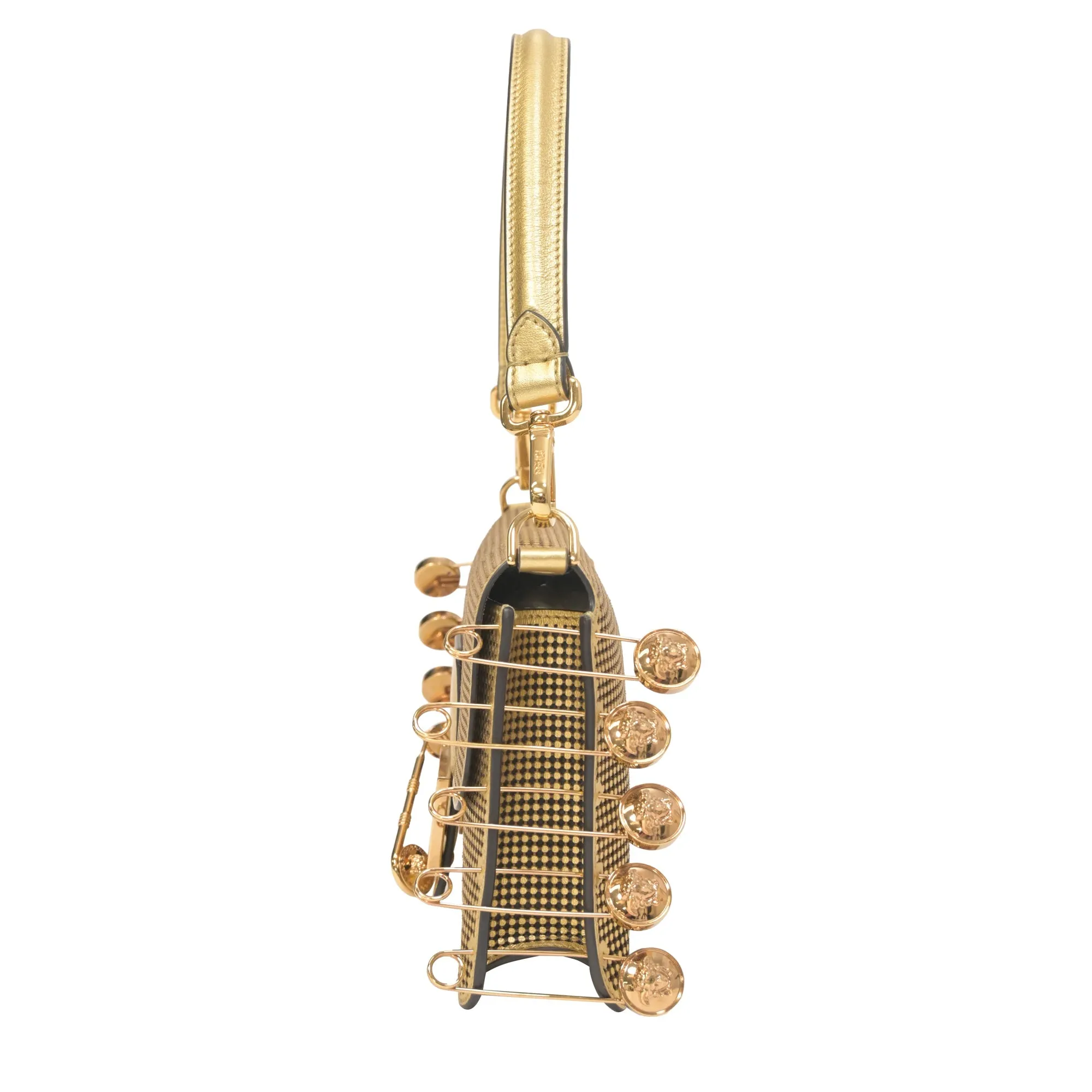 Fendace Brooch Baguette Bag in Gold Leather