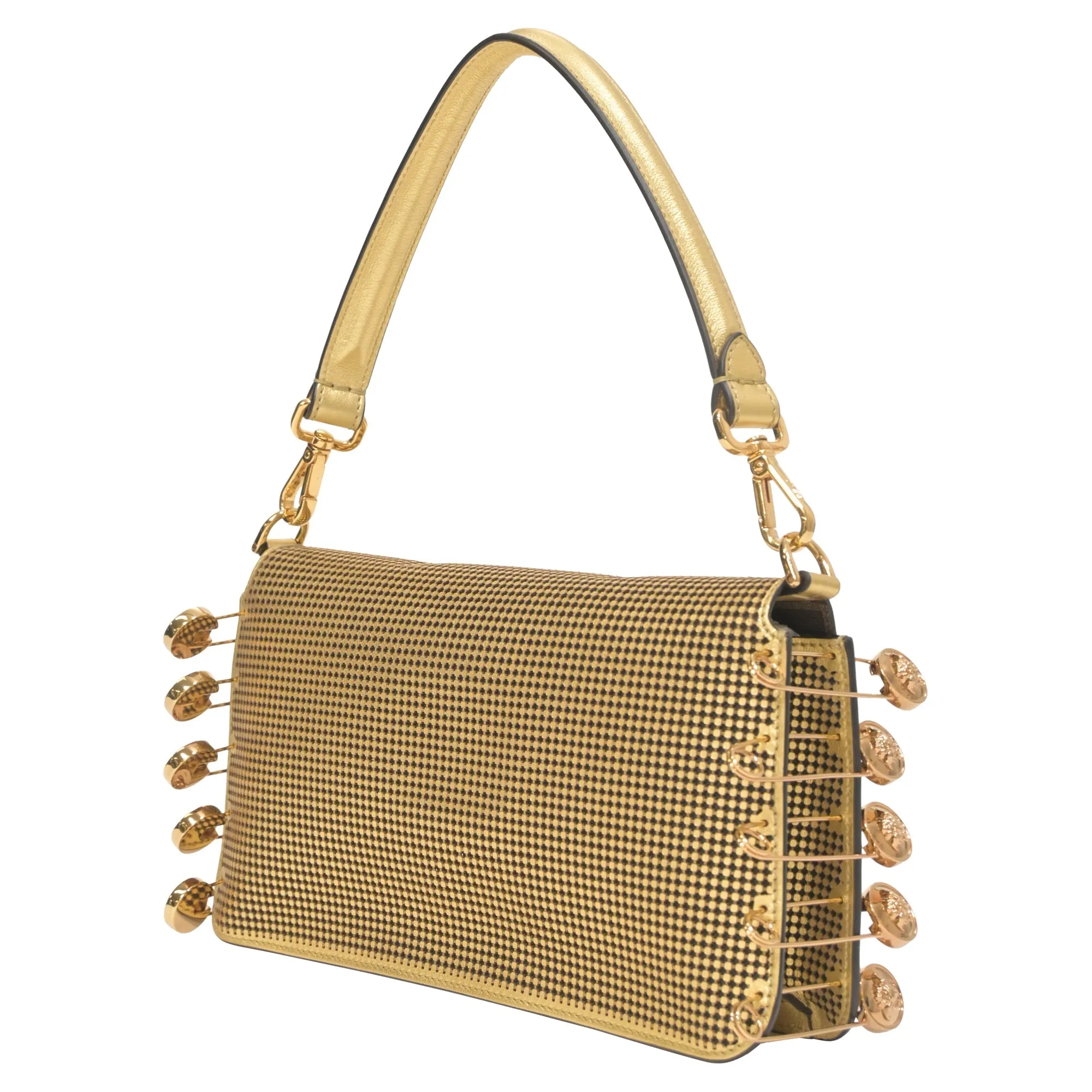 Fendace Brooch Baguette Bag in Gold Leather