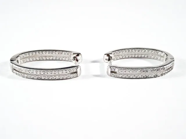 Fine Beautiful Oval Shape Pave CZ Huggie Style Silver Earrings