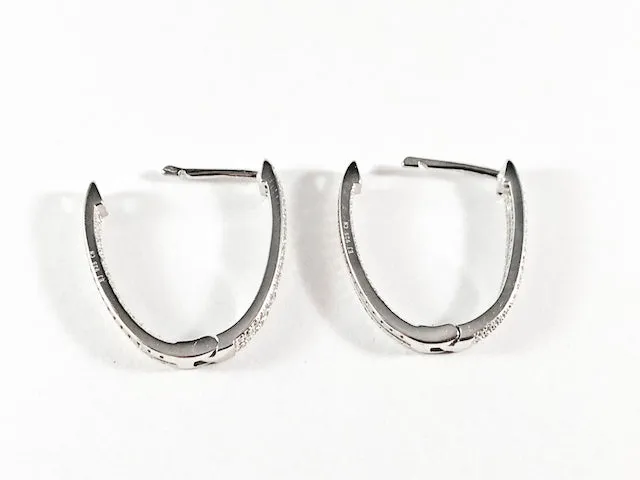 Fine Beautiful Oval Shape Pave CZ Huggie Style Silver Earrings