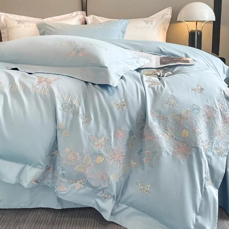 Flytonn-100% Egyptian Cotton Luxury Butterfly Flowers Embroidery Bedding White/Pink Duvet Cover Set Fitted Sheet Bed Sheet Pillowcases