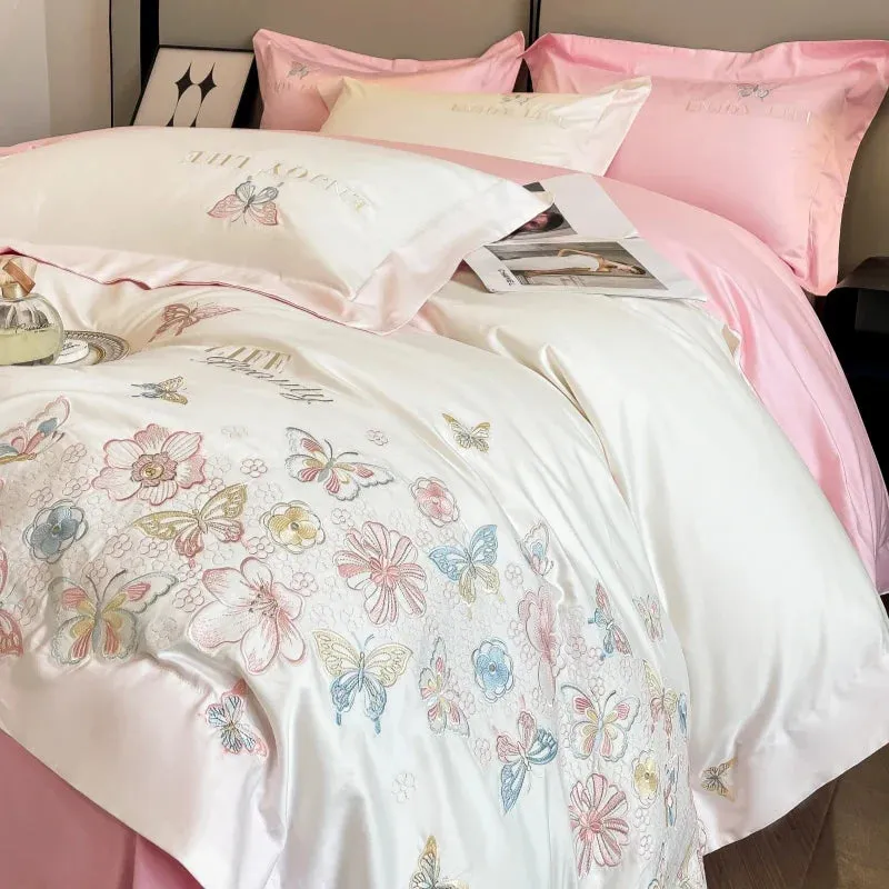 Flytonn-100% Egyptian Cotton Luxury Butterfly Flowers Embroidery Bedding White/Pink Duvet Cover Set Fitted Sheet Bed Sheet Pillowcases
