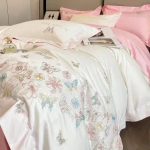 Flytonn-100% Egyptian Cotton Luxury Butterfly Flowers Embroidery Bedding White/Pink Duvet Cover Set Fitted Sheet Bed Sheet Pillowcases