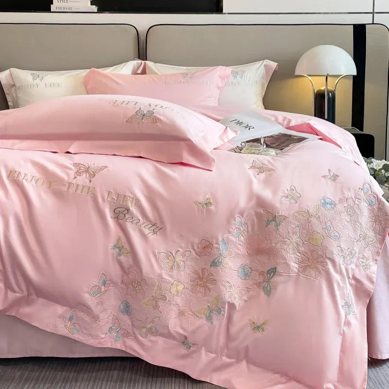 Flytonn-100% Egyptian Cotton Luxury Butterfly Flowers Embroidery Bedding White/Pink Duvet Cover Set Fitted Sheet Bed Sheet Pillowcases