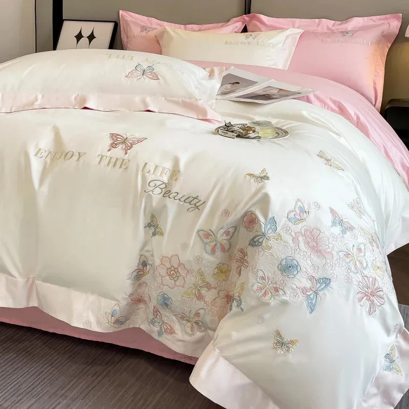 Flytonn-100% Egyptian Cotton Luxury Butterfly Flowers Embroidery Bedding White/Pink Duvet Cover Set Fitted Sheet Bed Sheet Pillowcases