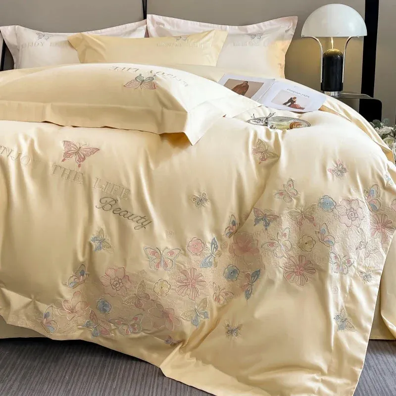 Flytonn-100% Egyptian Cotton Luxury Butterfly Flowers Embroidery Bedding White/Pink Duvet Cover Set Fitted Sheet Bed Sheet Pillowcases