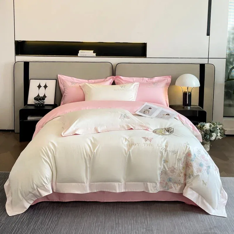 Flytonn-100% Egyptian Cotton Luxury Butterfly Flowers Embroidery Bedding White/Pink Duvet Cover Set Fitted Sheet Bed Sheet Pillowcases