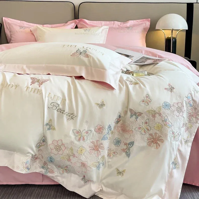 Flytonn-100% Egyptian Cotton Luxury Butterfly Flowers Embroidery Bedding White/Pink Duvet Cover Set Fitted Sheet Bed Sheet Pillowcases