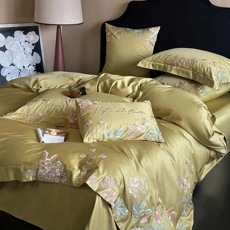 Flytonn-1000TC Egyptian Cotton Flowers Embroidery Pastoral Bedding Set Full Queen King Duvet Cover Set Flat/Fitted Bed Sheet Pillowcases