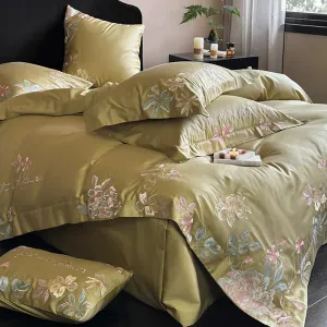 Flytonn-1000TC Egyptian Cotton Flowers Embroidery Pastoral Bedding Set Full Queen King Duvet Cover Set Flat/Fitted Bed Sheet Pillowcases