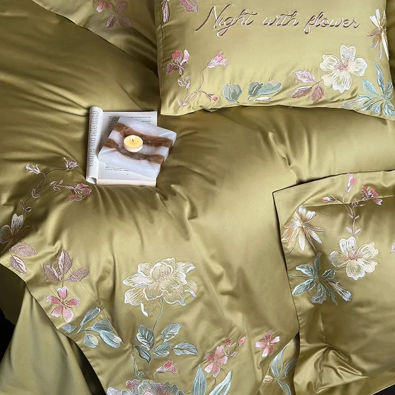Flytonn-1000TC Egyptian Cotton Flowers Embroidery Pastoral Bedding Set Full Queen King Duvet Cover Set Flat/Fitted Bed Sheet Pillowcases