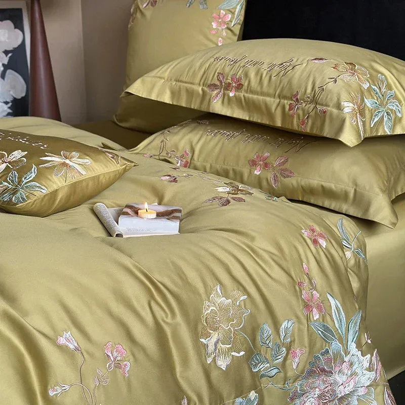 Flytonn-1000TC Egyptian Cotton Flowers Embroidery Pastoral Bedding Set Full Queen King Duvet Cover Set Flat/Fitted Bed Sheet Pillowcases