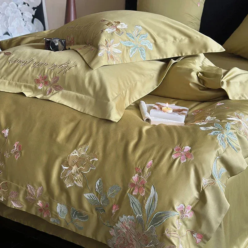 Flytonn-1000TC Egyptian Cotton Flowers Embroidery Pastoral Bedding Set Full Queen King Duvet Cover Set Flat/Fitted Bed Sheet Pillowcases