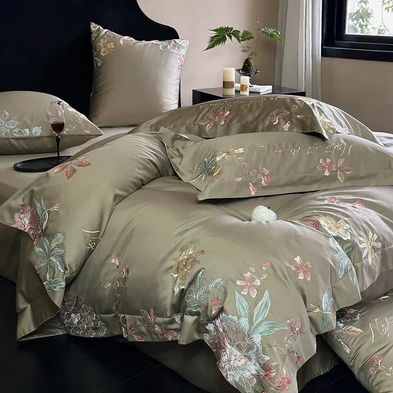 Flytonn-1000TC Egyptian Cotton Flowers Embroidery Pastoral Bedding Set Full Queen King Duvet Cover Set Flat/Fitted Bed Sheet Pillowcases