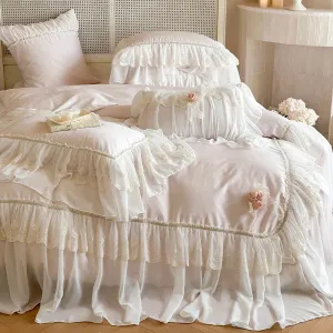 Flytonn-1000TC Egyptian Cotton Pink Lace Ruffles Stereoscopic Handmade Flowers Wedding Bedding Set Duvet Cover Bed Sheet Pillowcase 4Pcs