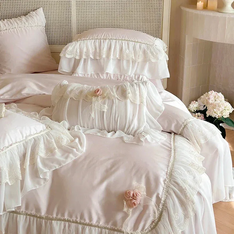 Flytonn-1000TC Egyptian Cotton Pink Lace Ruffles Stereoscopic Handmade Flowers Wedding Bedding Set Duvet Cover Bed Sheet Pillowcase 4Pcs