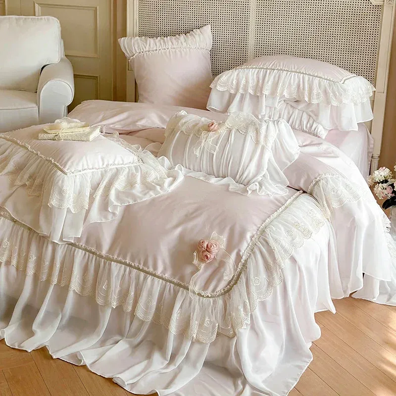 Flytonn-1000TC Egyptian Cotton Pink Lace Ruffles Stereoscopic Handmade Flowers Wedding Bedding Set Duvet Cover Bed Sheet Pillowcase 4Pcs