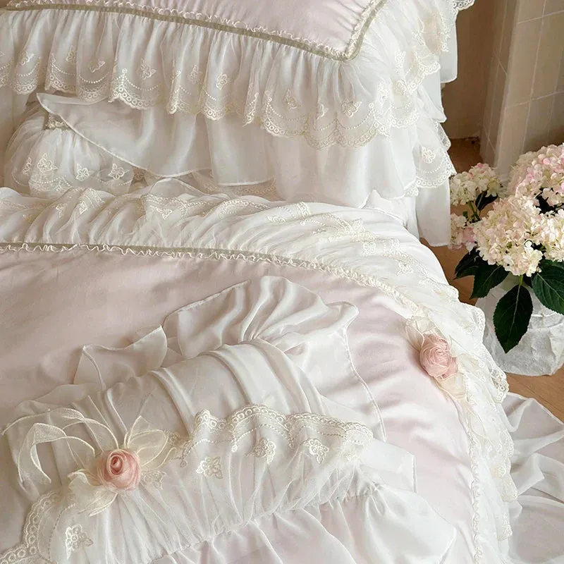 Flytonn-1000TC Egyptian Cotton Pink Lace Ruffles Stereoscopic Handmade Flowers Wedding Bedding Set Duvet Cover Bed Sheet Pillowcase 4Pcs