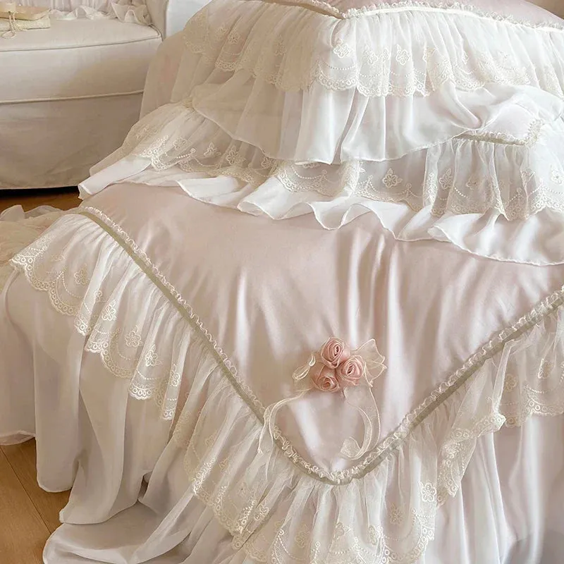 Flytonn-1000TC Egyptian Cotton Pink Lace Ruffles Stereoscopic Handmade Flowers Wedding Bedding Set Duvet Cover Bed Sheet Pillowcase 4Pcs