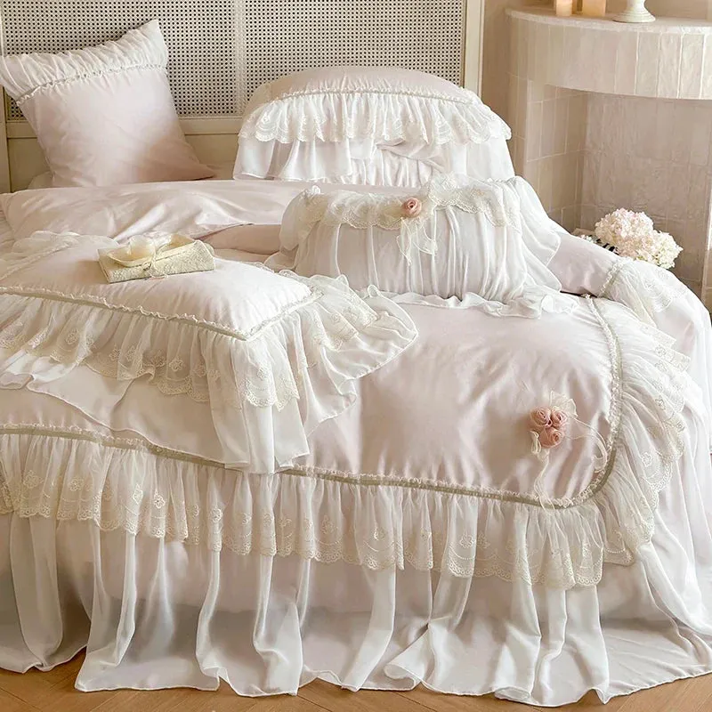 Flytonn-1000TC Egyptian Cotton Pink Lace Ruffles Stereoscopic Handmade Flowers Wedding Bedding Set Duvet Cover Bed Sheet Pillowcase 4Pcs