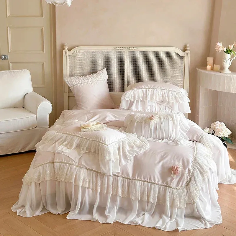 Flytonn-1000TC Egyptian Cotton Pink Lace Ruffles Stereoscopic Handmade Flowers Wedding Bedding Set Duvet Cover Bed Sheet Pillowcase 4Pcs