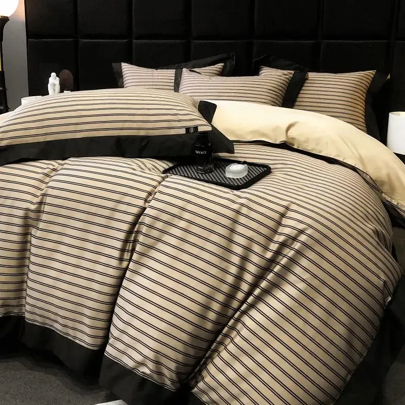 Flytonn-1000TC Egyptian Cotton Stripes Bedding Set Duvet Cover Set Quilt Cover Bed Linen Sets Fitted Sheet With Pillowcases 4Pcs