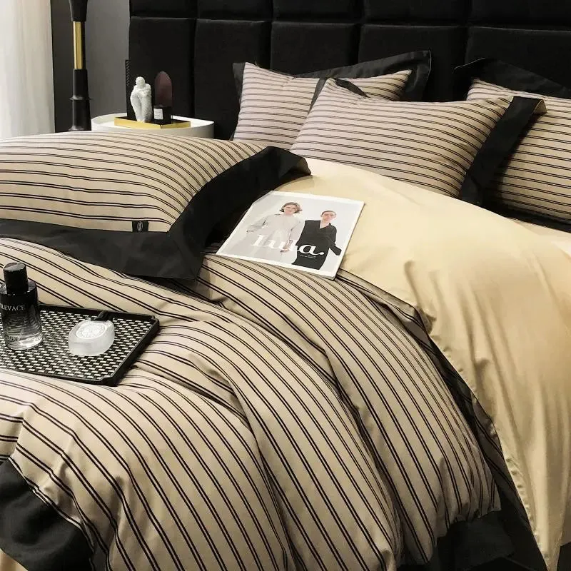 Flytonn-1000TC Egyptian Cotton Stripes Bedding Set Duvet Cover Set Quilt Cover Bed Linen Sets Fitted Sheet With Pillowcases 4Pcs