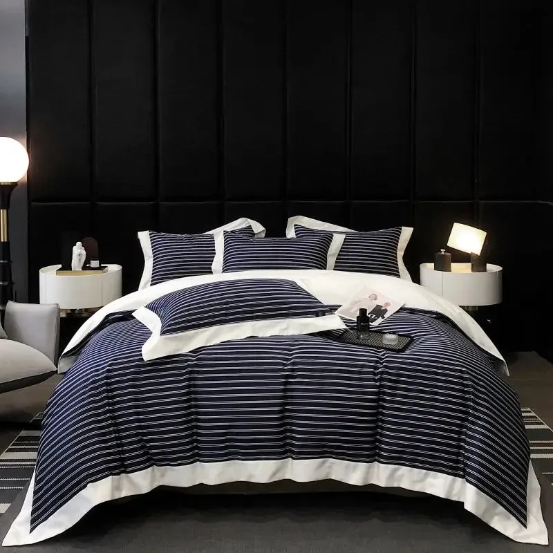 Flytonn-1000TC Egyptian Cotton Stripes Bedding Set Duvet Cover Set Quilt Cover Bed Linen Sets Fitted Sheet With Pillowcases 4Pcs