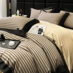 Flytonn-1000TC Egyptian Cotton Stripes Bedding Set Duvet Cover Set Quilt Cover Bed Linen Sets Fitted Sheet With Pillowcases 4Pcs