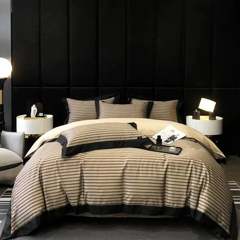 Flytonn-1000TC Egyptian Cotton Stripes Bedding Set Duvet Cover Set Quilt Cover Bed Linen Sets Fitted Sheet With Pillowcases 4Pcs