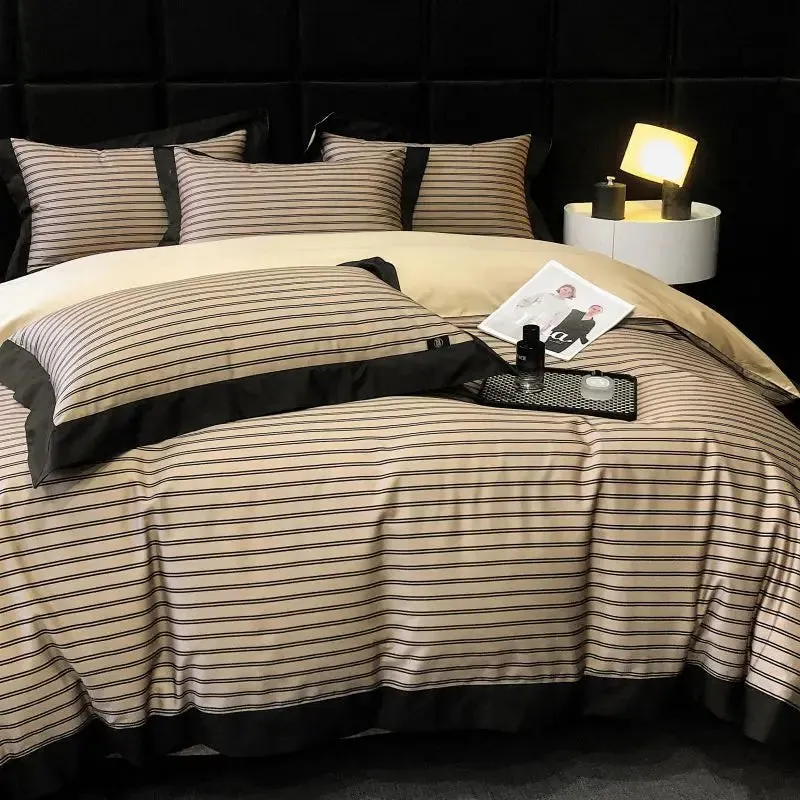 Flytonn-1000TC Egyptian Cotton Stripes Bedding Set Duvet Cover Set Quilt Cover Bed Linen Sets Fitted Sheet With Pillowcases 4Pcs