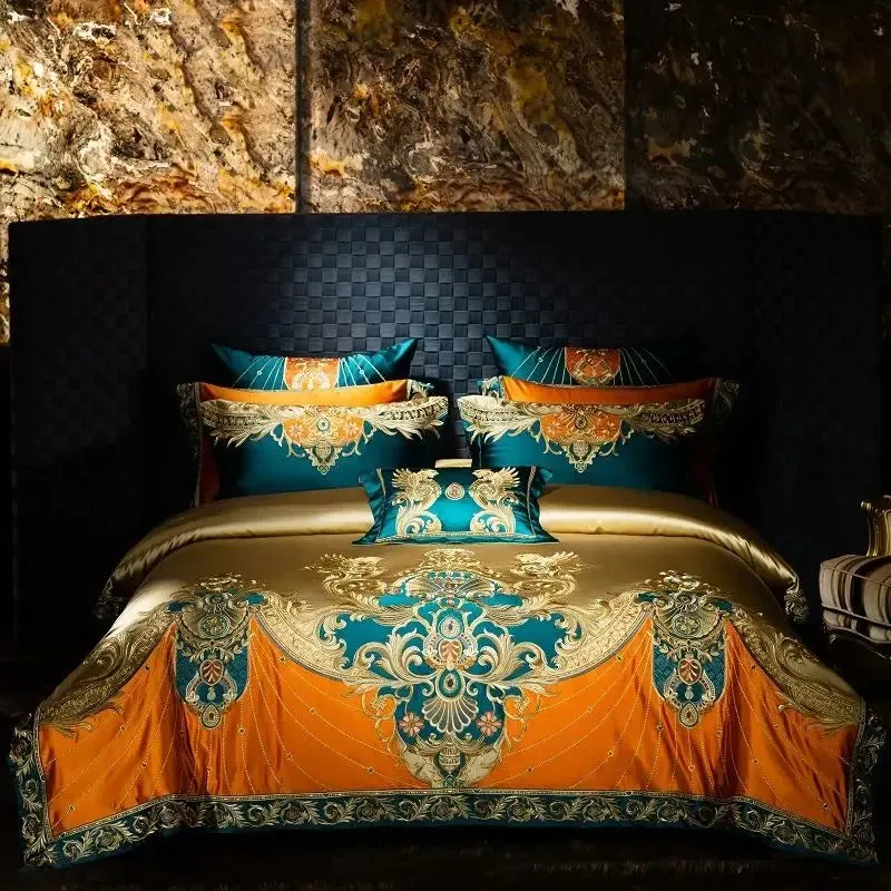 Flytonn-4/6/9Pcs Gorgeous European Palace Style Royal Embroidery Bedding Set Brocade Egyptian Cotton Duvet Cover Bed Sheet Pillowcases