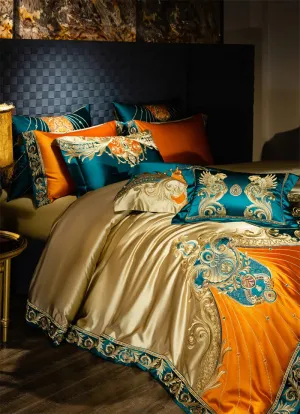 Flytonn-4/6/9Pcs Gorgeous European Palace Style Royal Embroidery Bedding Set Brocade Egyptian Cotton Duvet Cover Bed Sheet Pillowcases