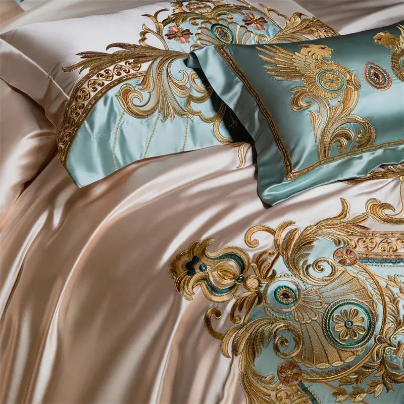 Flytonn-4/6/9Pcs Gorgeous European Palace Style Royal Embroidery Bedding Set Brocade Egyptian Cotton Duvet Cover Bed Sheet Pillowcases