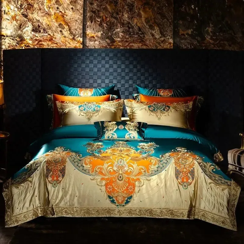 Flytonn-4/6/9Pcs Gorgeous European Palace Style Royal Embroidery Bedding Set Brocade Egyptian Cotton Duvet Cover Bed Sheet Pillowcases