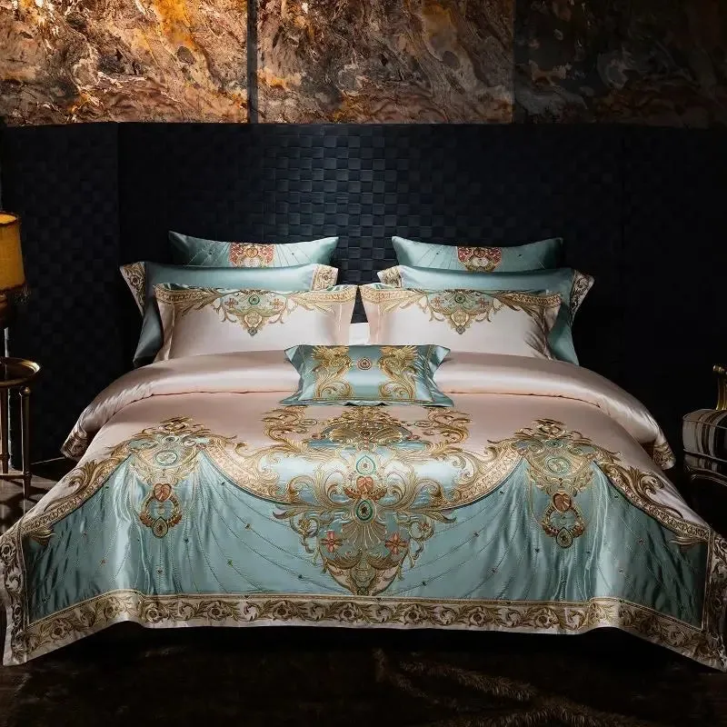 Flytonn-4/6/9Pcs Gorgeous European Palace Style Royal Embroidery Bedding Set Brocade Egyptian Cotton Duvet Cover Bed Sheet Pillowcases