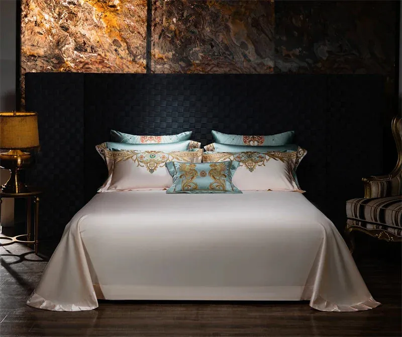 Flytonn-4/6/9Pcs Gorgeous European Palace Style Royal Embroidery Bedding Set Brocade Egyptian Cotton Duvet Cover Bed Sheet Pillowcases