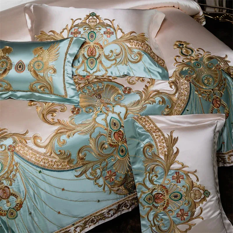 Flytonn-4/6/9Pcs Gorgeous European Palace Style Royal Embroidery Bedding Set Brocade Egyptian Cotton Duvet Cover Bed Sheet Pillowcases