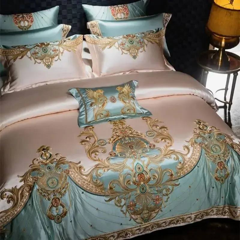 Flytonn-4/6/9Pcs Gorgeous European Palace Style Royal Embroidery Bedding Set Brocade Egyptian Cotton Duvet Cover Bed Sheet Pillowcases
