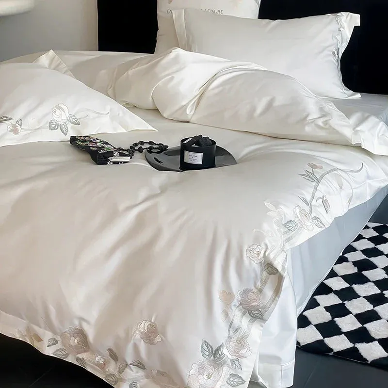 Flytonn-4Pcs Luxury Rose Flowers Embroidery Bedding Set 1000TC Egyptian Cotton Soft Duvet Coves Set Flat/Fitted Bed Sheet Pillowcases