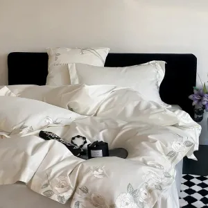 Flytonn-4Pcs Luxury Rose Flowers Embroidery Bedding Set 1000TC Egyptian Cotton Soft Duvet Coves Set Flat/Fitted Bed Sheet Pillowcases