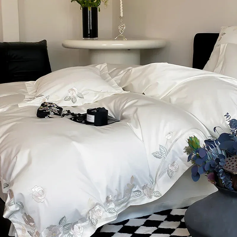 Flytonn-4Pcs Luxury Rose Flowers Embroidery Bedding Set 1000TC Egyptian Cotton Soft Duvet Coves Set Flat/Fitted Bed Sheet Pillowcases
