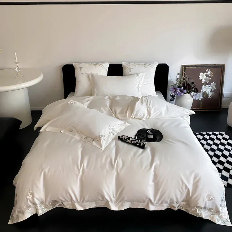 Flytonn-4Pcs Luxury Rose Flowers Embroidery Bedding Set 1000TC Egyptian Cotton Soft Duvet Coves Set Flat/Fitted Bed Sheet Pillowcases
