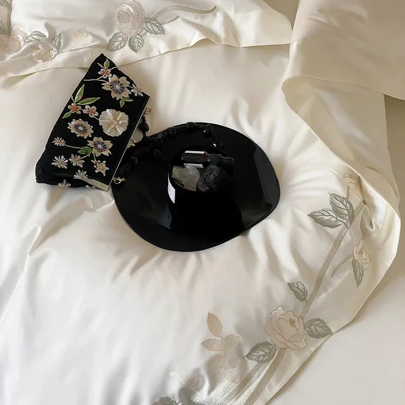 Flytonn-4Pcs Luxury Rose Flowers Embroidery Bedding Set 1000TC Egyptian Cotton Soft Duvet Coves Set Flat/Fitted Bed Sheet Pillowcases