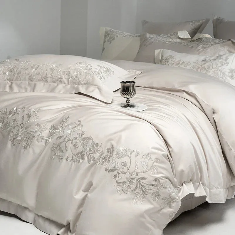 Flytonn-4Pcs Pearl White Luxury Embroidery Bedding Set 1000TC Egyptian Cotton Soft Silky Duvet Coves Flat/Fitted Bed Sheet Pillowcases
