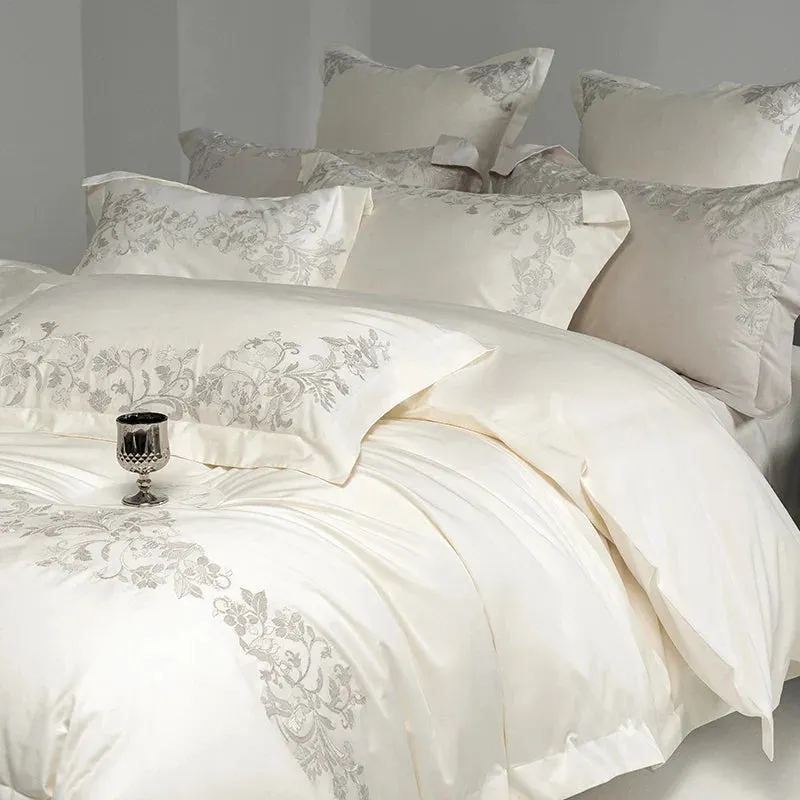 Flytonn-4Pcs Pearl White Luxury Embroidery Bedding Set 1000TC Egyptian Cotton Soft Silky Duvet Coves Flat/Fitted Bed Sheet Pillowcases