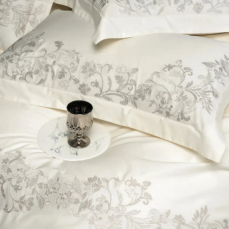 Flytonn-4Pcs Pearl White Luxury Embroidery Bedding Set 1000TC Egyptian Cotton Soft Silky Duvet Coves Flat/Fitted Bed Sheet Pillowcases